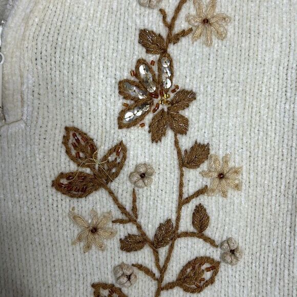Vintage Alfred Dunner Cream Chenille 1/4 Zip Sweater Sz Medium  Brown Flowers - Picture 5 of 8